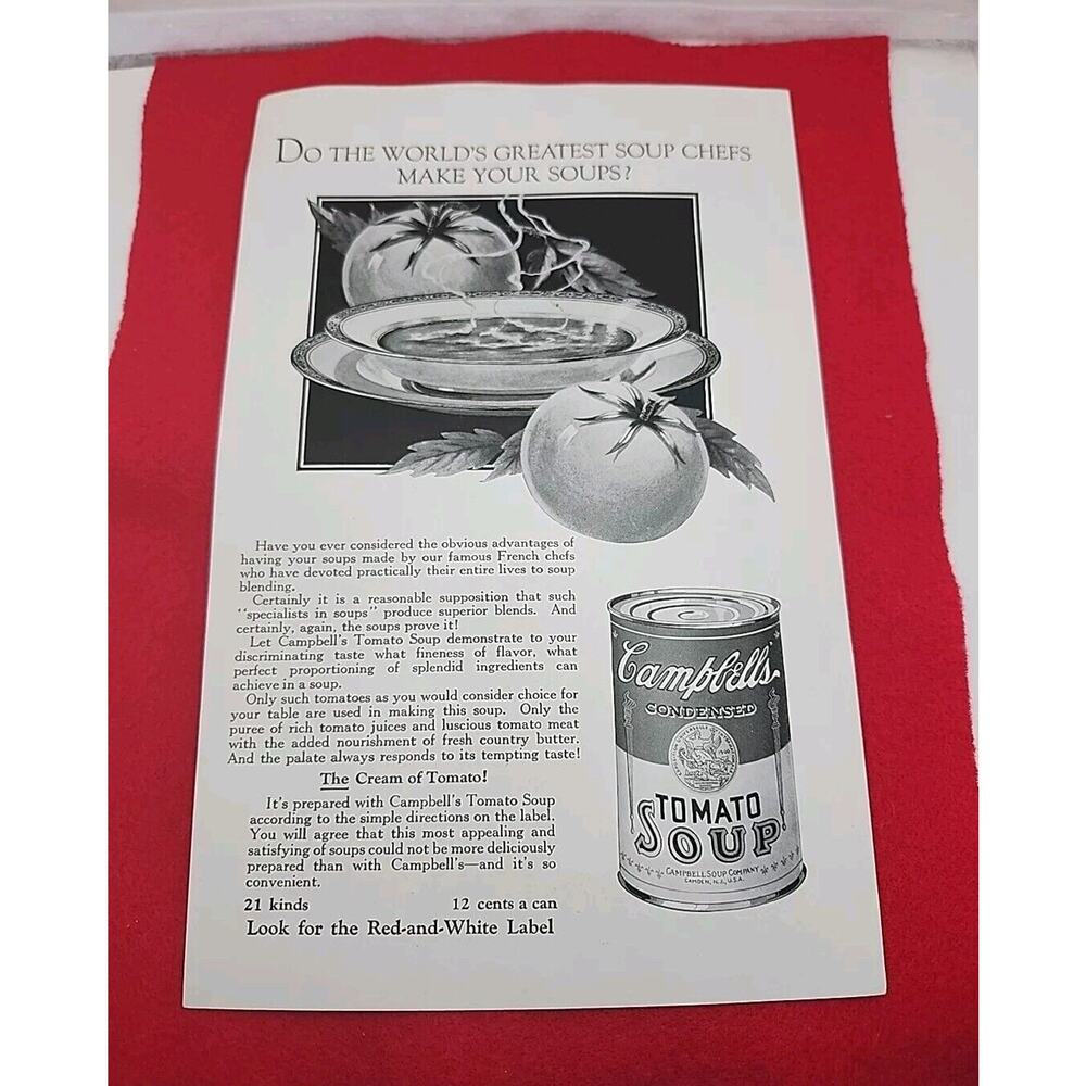 VTG 1925 Campbell's Tomato Soup Kitchen Food Ephemera 1920's Print Ad Near Mint